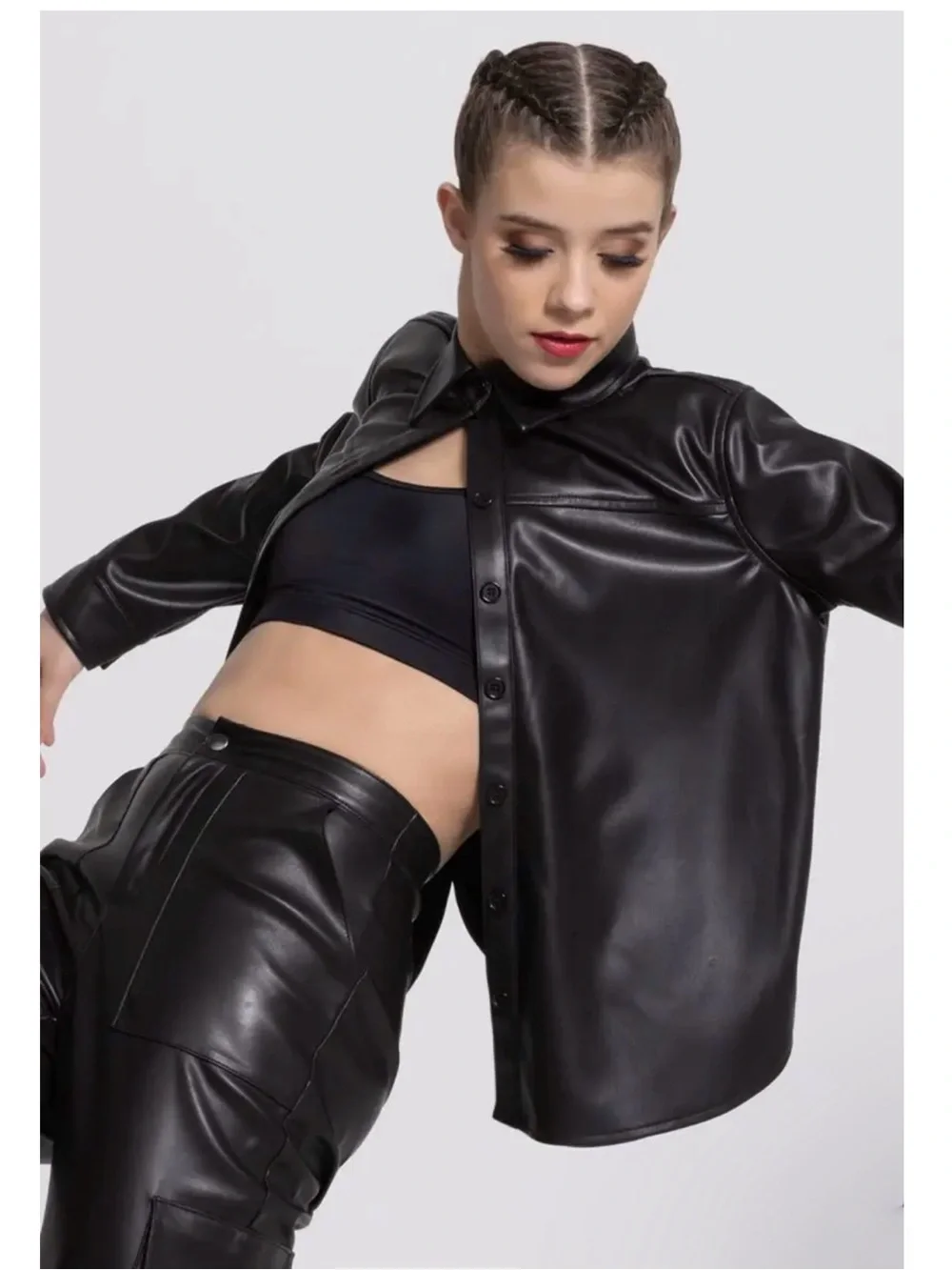 Balera 3Pc Hip Hop Dance Costume Faux Leather Jacket Sequin Top Jeans MC